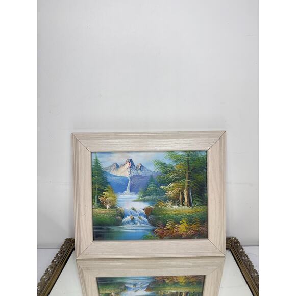 Vintage Wood framed oil painting on canvas with mountains, water falls, - Picture 8 of 9